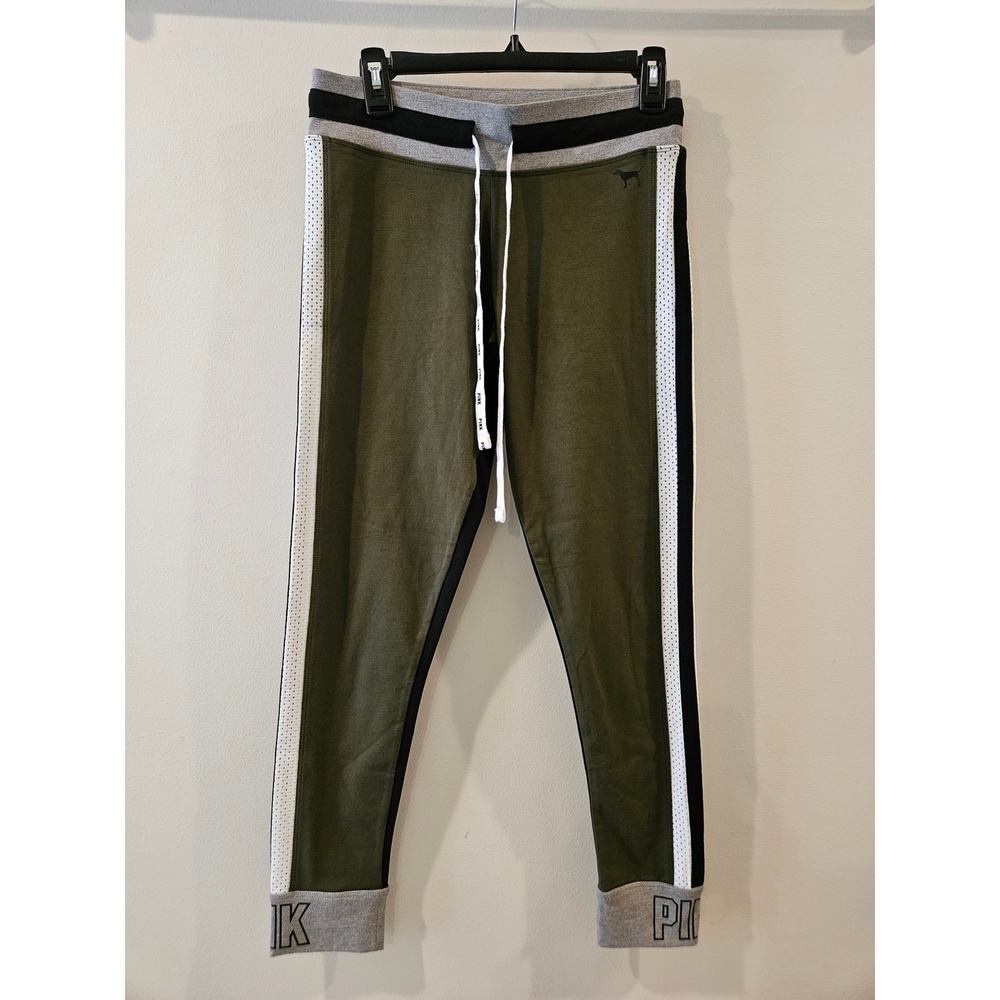 Pink Victoria's Secret Yoga Leggings Olive Green Black Mesh Stripe NWOT Womens M